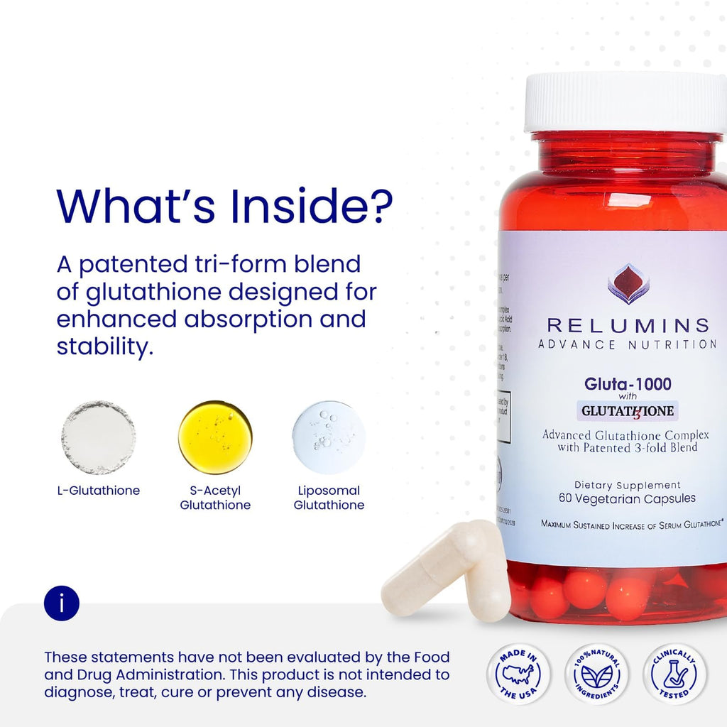 Relumins Advanced Patented Tri-Form Glutathione Complex 1000 mg - Fast-Absorb L-Glutathione, S-Acetyl & Liposomal + Alpha-Lipoic Acid & Rose Hips - Made in USA