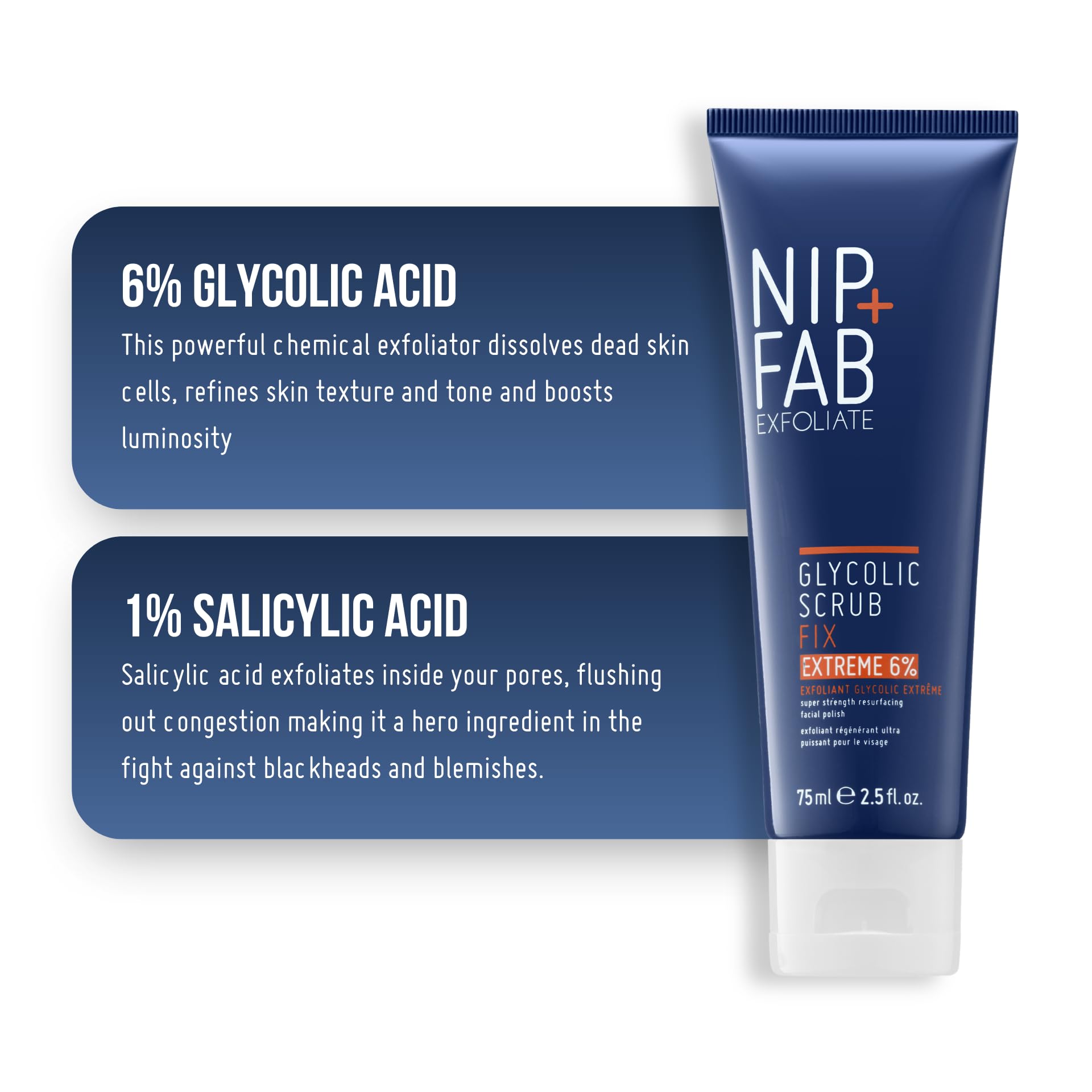 Nip + Fab Glycolic Fix Scrub Extreme (2.5 fl oz) – 6% Glycolic Acid 3-in-1 Facial Exfoliator & Pore Refiner – Deep Cleansing AHA BHA Face Scrub for Brightening & Smoothing