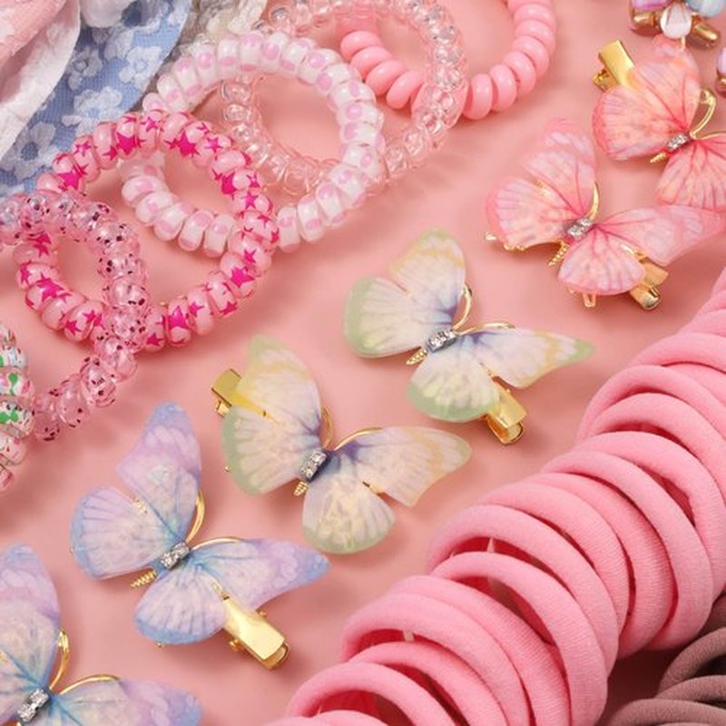 Rosvia Little Girls Hair Accessories Set 70pcs,Elastic Spiral Hair Ties for Thick Hair, Mini Crystal Flower Hair Claws,Butterfly Hair Clips,Toddlers Hair Bows for Girls Teens Kids Toddlers