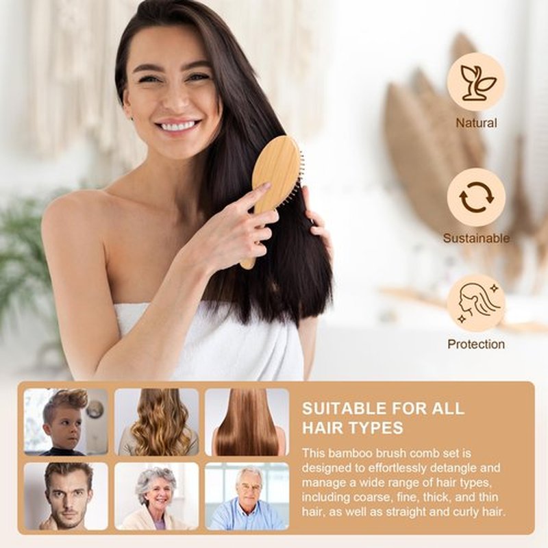 DEBETOOL Bamboo Hair Brush and Comb Set - Natural Wooden & Bamboo Brush for Hair Growth with Wide-tooth Tail Comb, Ergonomic Design for (Thick/Thin/Curly/Dry Hair) - Wooden Comb for Women Gift Kit