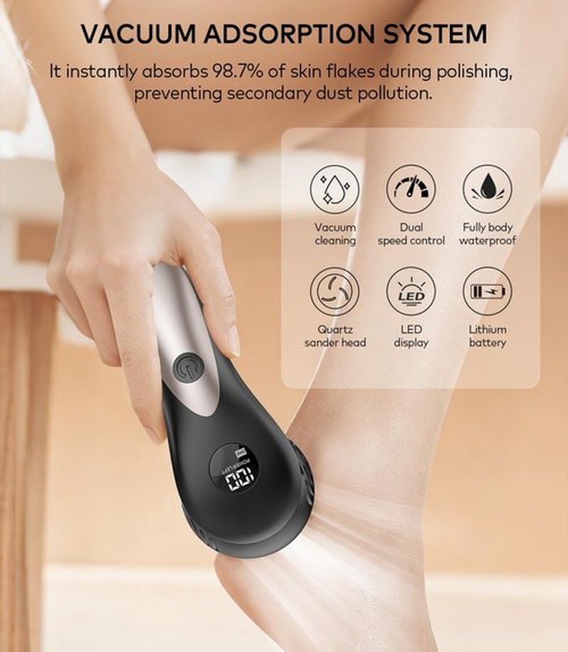 Rechargeable Electric Callus Remover for Feet with Vacuum, Pumice Stone Foot File for 100% Full Foot Care Coverage, 2-Speed & 3 Grinding Heads, Ideal Gift for Dead, Hard Cracked Dry Skin, Black