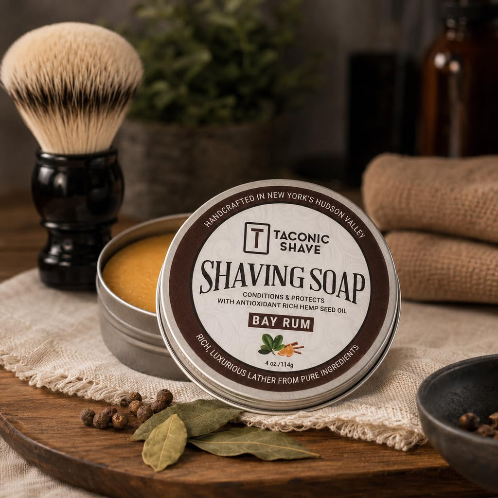 Taconic Shave Bay Rum Scent Shaving Soap – Warm Spiced Aroma – Barbershop Quality Lather Puck with Coconut & Olive Oils – Classic Wet Shave – Made in USA