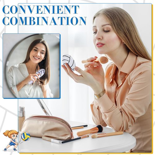 SiliFine 24 Pcs Volleyball Gifts for Team Bulk Include 12 Volleyball Air Cushion Hair Brush and 12 2.76 Inch Compact Mirror Round Makeup Mirror for Girl Player