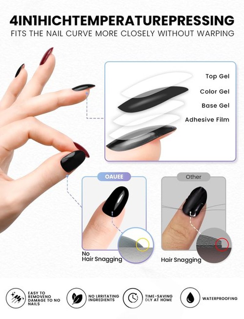 Semi Cured Gel Nail Strips 2 Styles | Built-In Gel Top Coat | UV Light Required | Salon Quality, Easy Application And Removal（Deep red & black)