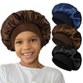 Kids Satin Hair Bonnet for Sleeping, 3 Pcs Wide Band Sleep Bonnet Hat Night Cap for Curly Hair (Black, Coffee, Dark Blue)