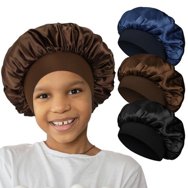 Kids Satin Hair Bonnet for Sleeping, 3 Pcs Wide Band Sleep Bonnet Hat Night Cap for Curly Hair (Black, Coffee, Dark Blue)