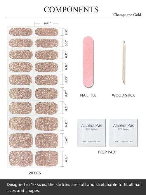 AutyaMee Semi Cured Gel Nail Strips (Champagne Gold Glitter), Sparkle Finish, 20 Pcs Gel Nail Wraps, Stickers, Salon Quality, Long Lasting, Works with Any UV Lamps