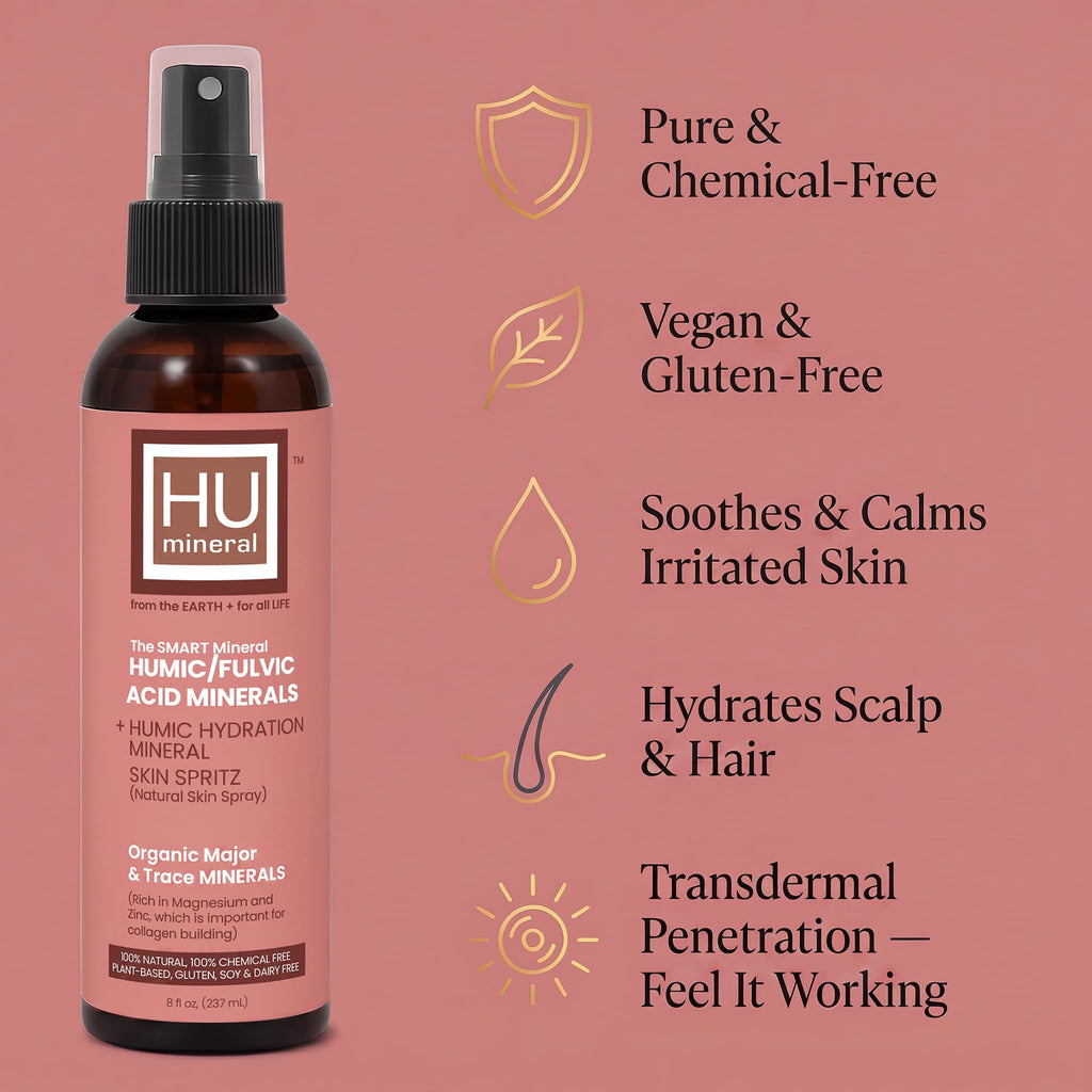 HUmineral Collagen-Boosting Mineral Face Mist – Humic & Fulvic Acid, 80+ Organic Minerals, Electrolytes & Silica – Hydrates Skin, Hair & Body – Non-GMO, Vegan – Made in USA – 8 fl oz