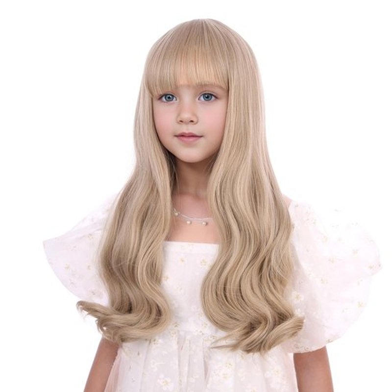 Edivd Mixed Blonde Wig for Kids Child Long Ash Blonde Wig with Flat Bangs Long Wavy Curly Wigs for Girls Heat Resistant Synthetic Wigs with Cap