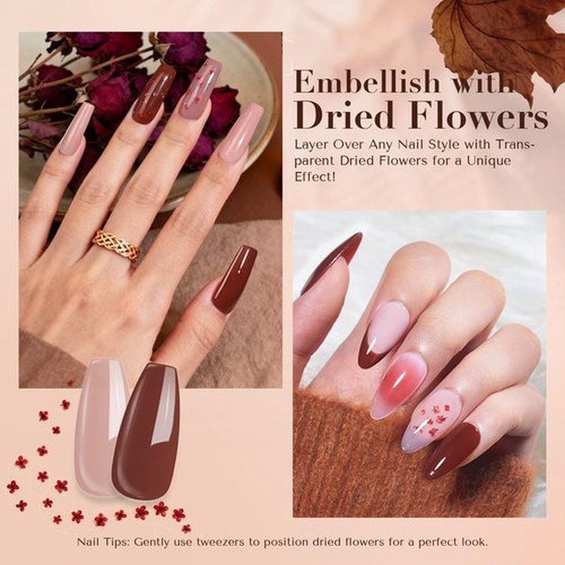 AZUREBEAUTY Dip Powder Nail Kit, 4 Colors Nude Dark Brown with Dried Flower Set, Fall Winter Natural Dipping Powder Starter Liquid Set Recycling Tray with Base & Top Coat Activator ﻿