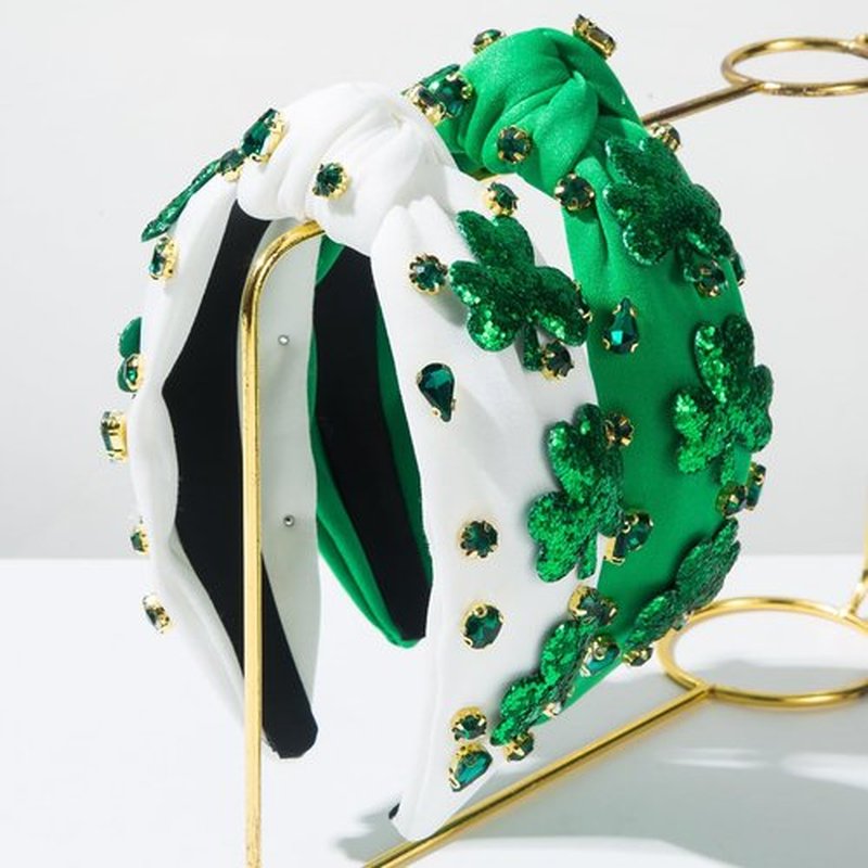 St.Patrick's Day Headband for Women Green Sequins Shamrock Knotted Headbands Rhinestone Crystal Lucky Leaf Embellished Wide Top Knot Headbands St.Patrick's Day Accessories