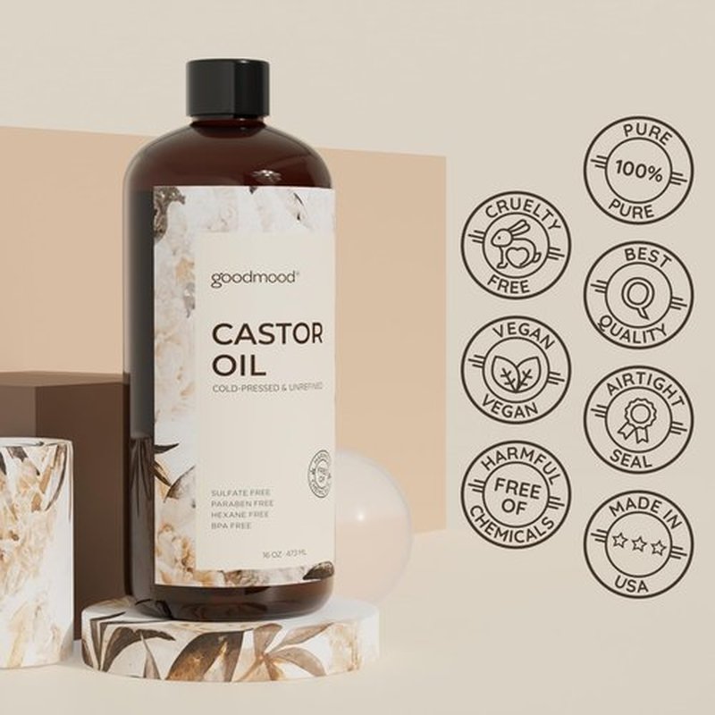GOODMOOD Castor Oil Cold Pressed for Skin, for Body, for Hair Growth, for Face, for Eyelashes, Hair Growth Serum, Aceite de Ricino 100 Puro y Natural Oil Wrap Stomach 16oz