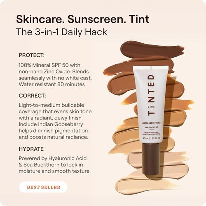 Live Tinted Hueguard Skin Tint SPF 50 | Tinted Mineral Sunscreen with Hydrating Finish - Light-Medium Coverage, 1.35 fl oz - Shade 10