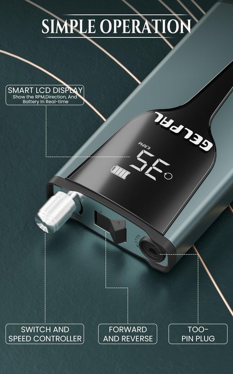 Gelpal Rechargeable Nail Drill - Brushless Motor - Electric Nail Drill for Acrylic Nails Professional,35000RPM Electric Nail File,Cordless for Home Salon, Low Noise, Low Heat, Blue Grey