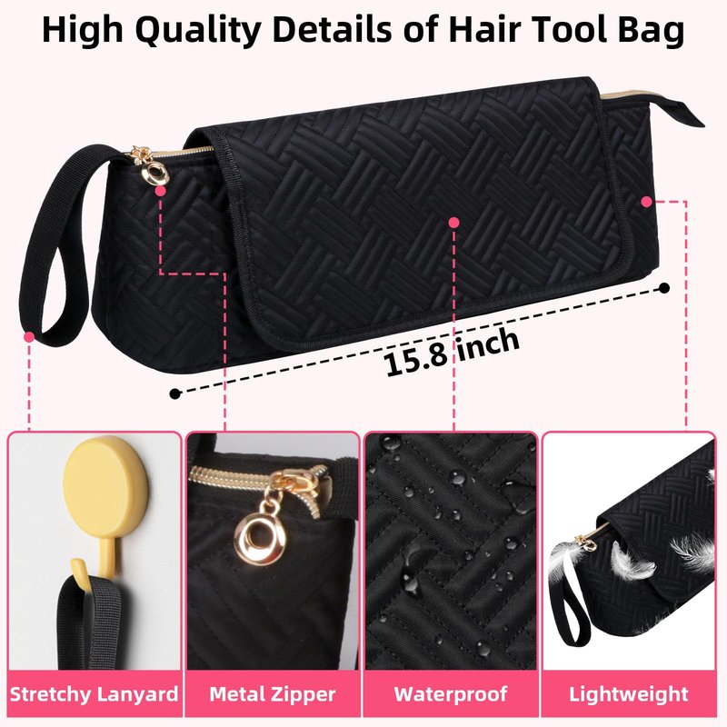 Veirdro Hair Tools Travel Bag with Heat Resistant Mat, Portable Hair Tool Organizer Travel Carrying Case for Straightener, Flat Iron, Curling Iron, Hair Dryer& Hair Styling Accessories Women (Black)