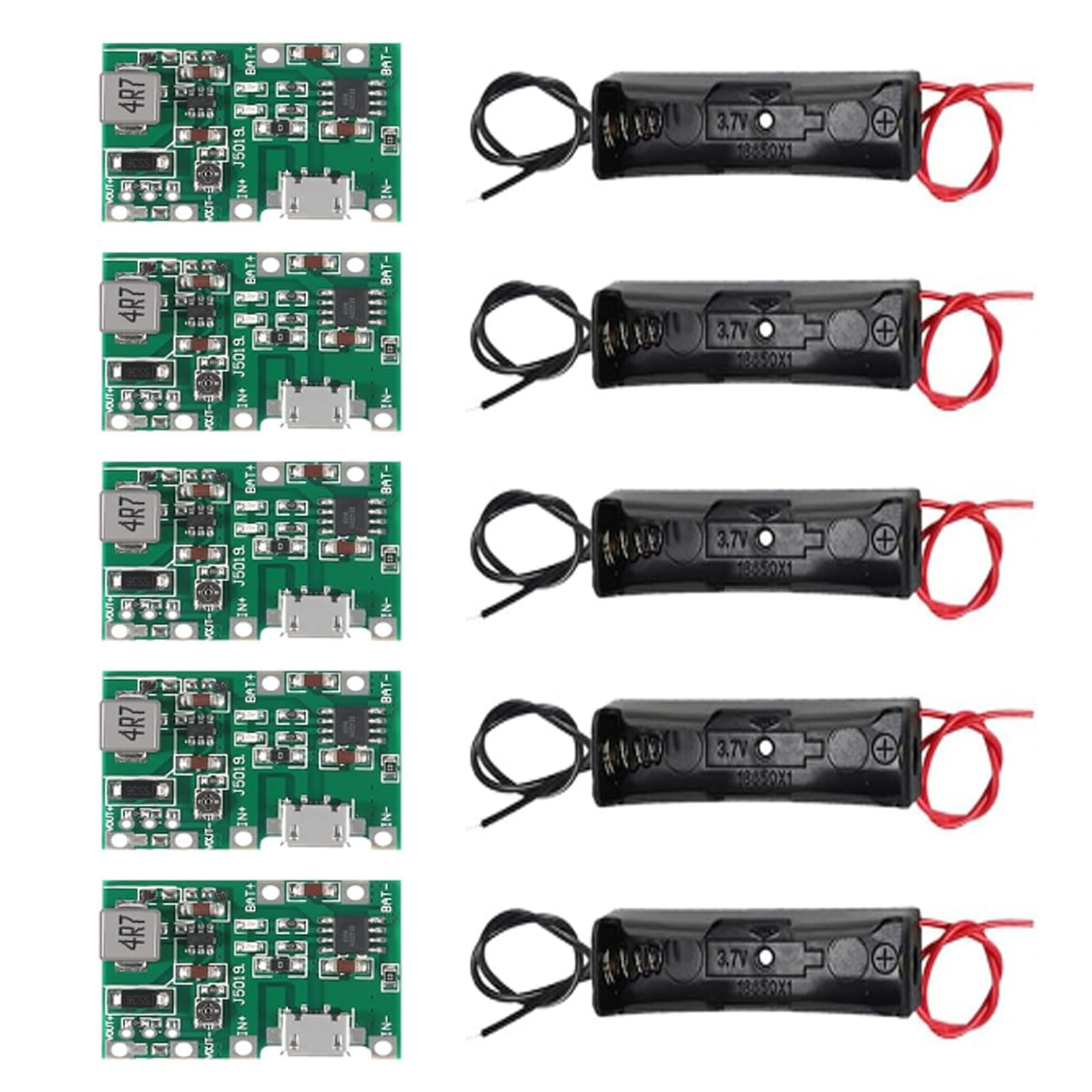 AEDIKO 5pcs 18650 Lithium Li-ion Battery Charger Module+ 5pcs 18650 Battery Holder for 18650 Lithium Battery Fast Charging Boost Mobile Power Protection PCB Board