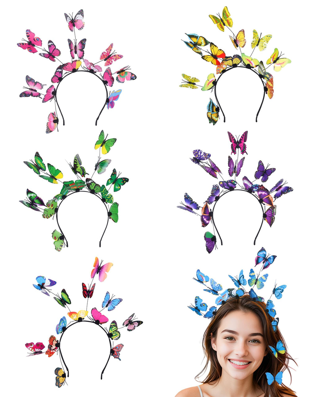 Zuaooz 6Pack Butterfly Fascinator Headband Monarch Butterfly Crown with Clips Tea Party Nature-themed party Halloween costome Headpiece