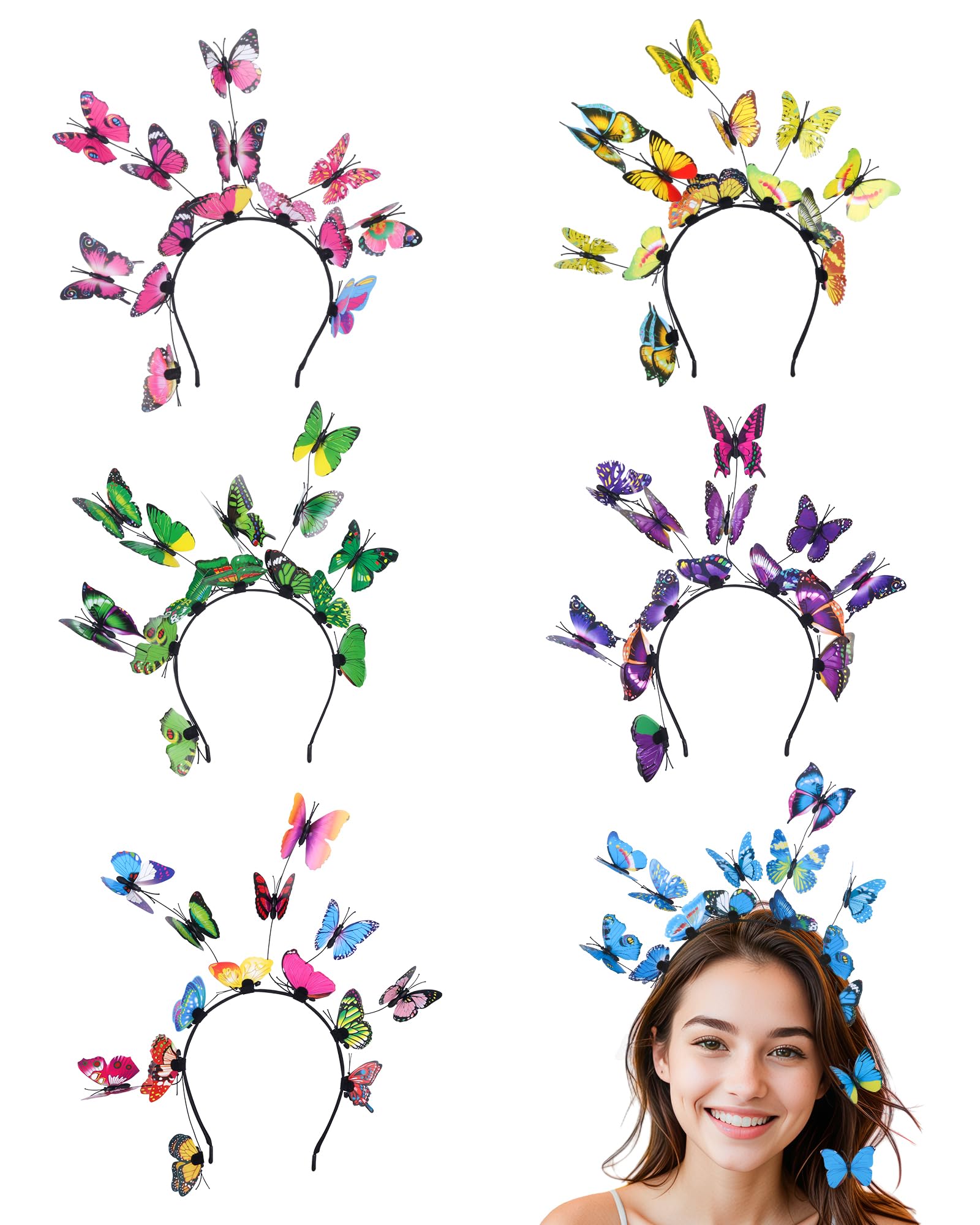 Zuaooz 6Pack Butterfly Fascinator Headband Monarch Butterfly Crown with Clips Tea Party Nature-themed party Halloween costome Headpiece