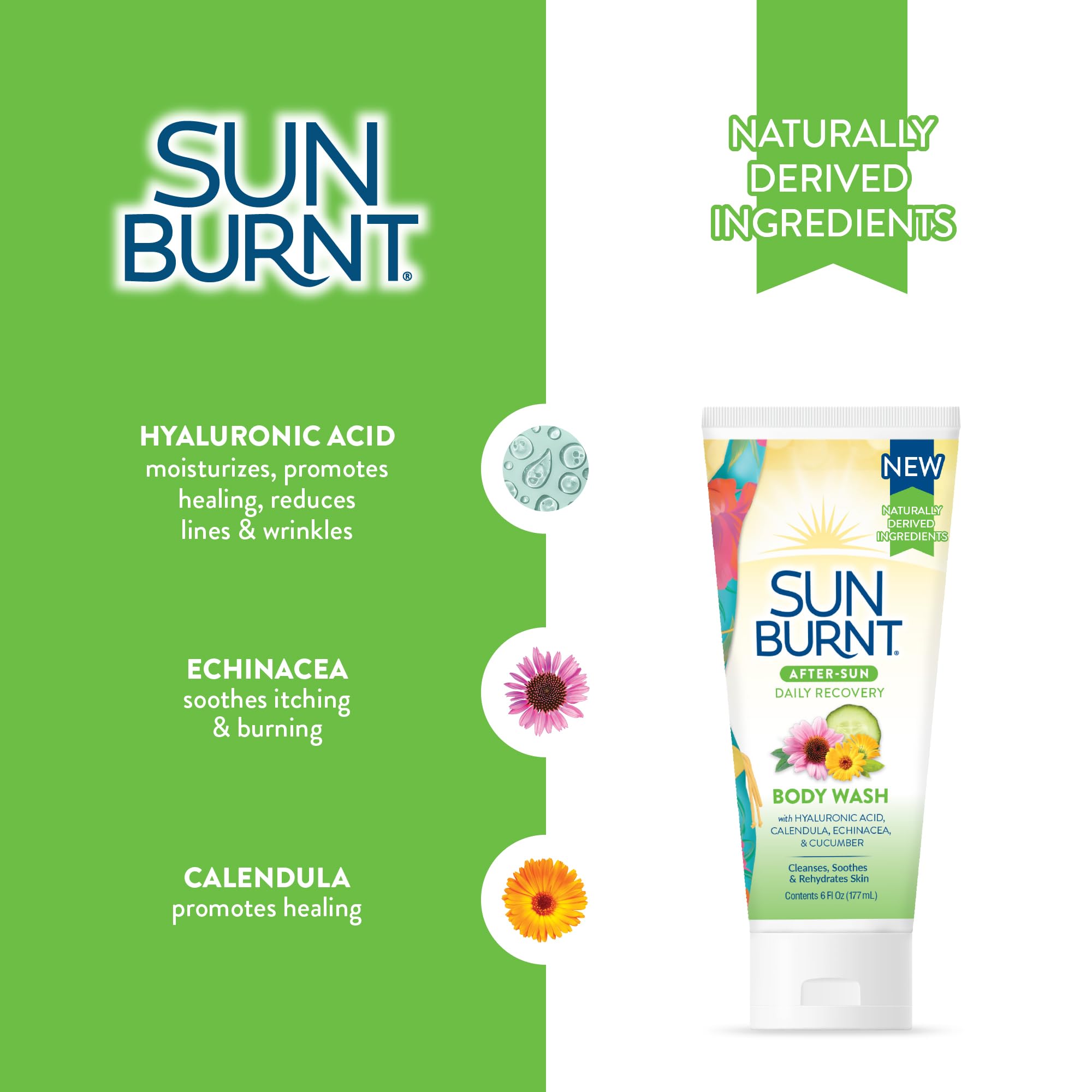 Sunburnt After Sun Body Wash – Cooling Cleanser with Hyaluronic Acid, Calendula, Echinacea & Cucumber – Soothes Sunburn, Hydrates & Calms Skin – Sulfate & Paraben Free, 6 oz