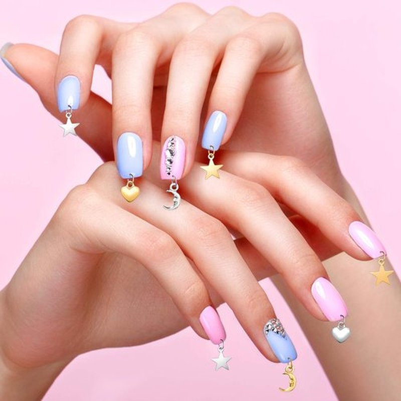 PAGOW 155 PCS Dangle Nail Art Charm, Nail Jewelry Rings with Nail Piercing Tool Hand Drill for Tips, Acrylic, Gels and Decorations
