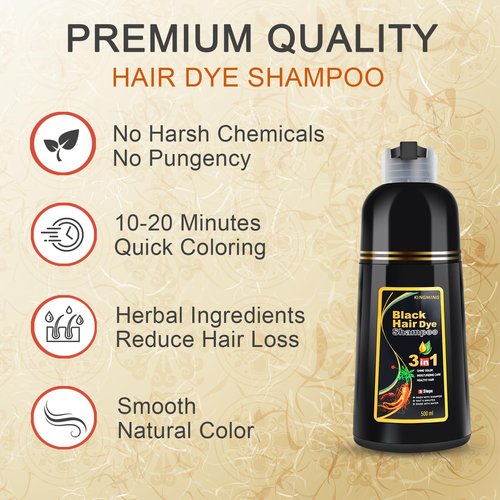 KINGMING Black Hair Dye Shampoo for Gray Coverage, 3 in 1 Herbal Instant color with 100% Cover for Women & Men (500ml)