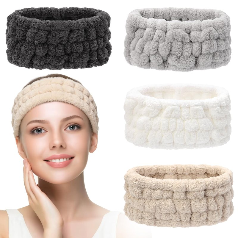 VBAEI 4 Pieces Spa Headband for Women Skincare Headband Makeup Headbands for Washing Face Spa Shower Gifts(Milky-White, Grey, Khaki, Dark Grey)