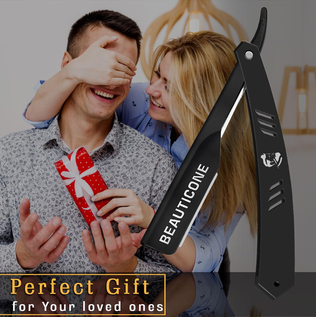 BEAUTICONE Barber Straight Razor for Men – Professional Shavette with Slide-Out Blade Holder, 20 Stainless Steel Blades Included, Cut Throat Razor, All Black