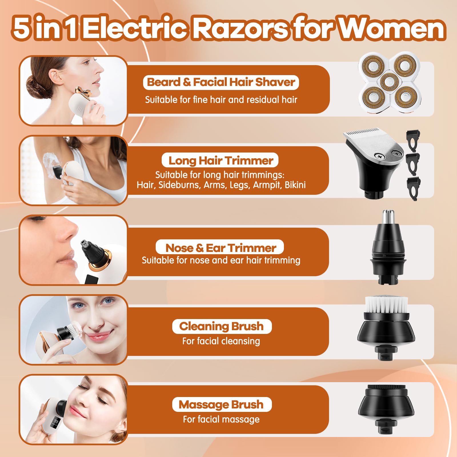 Electric Razors for Women, 5D Facial Hair Removal, 5-in-1 Wet/Dry Bikini Trimmer, Electric Shaver for Women, Rechargeable Face Shaver for Arms Legs Armpit Pubic Area, Painless Womens Grooming Kit