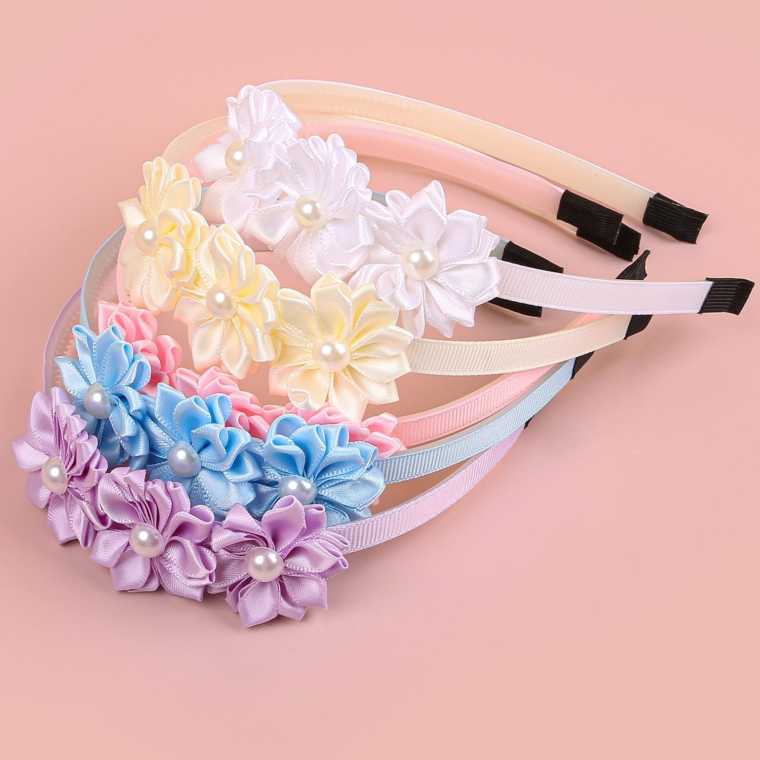 XIMA Pearl Flower Headbands for Girls,Satin Hair Bands with Flowers, Multiple Colors Pack of 10