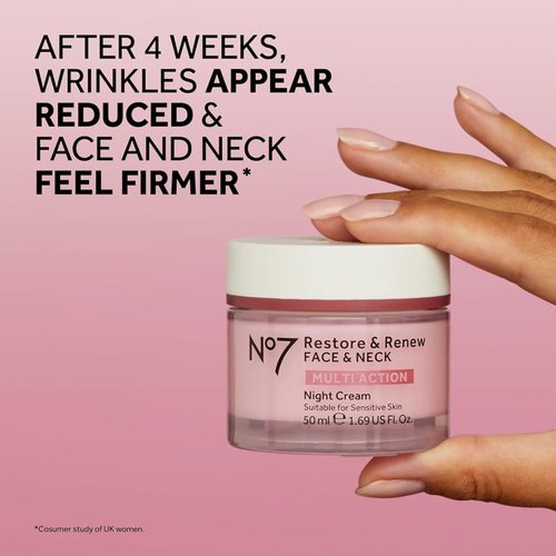 No7 Restore & Renew Night Cream - Collagen Peptide Anti-Aging Formula for Face & Neck | Hydrating & Fragrance-Free (50ml)