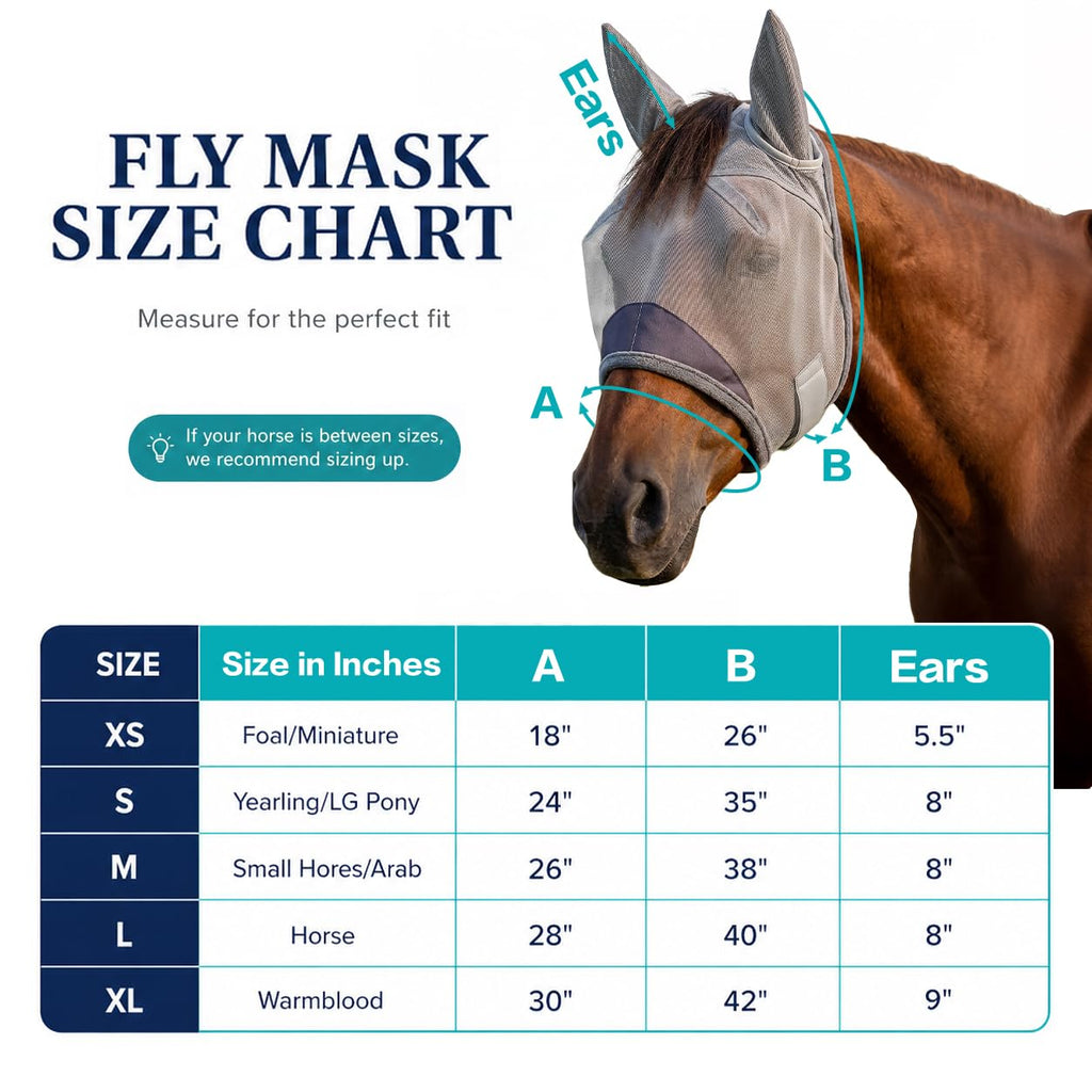 Horse Fly Mask with Ears - UV Protection Fine Mesh Super Comfort Fly Masks for Horses, Adjustable Breathability Horses Masks, Pony Equine Fly Mask for Miniature Foal Draft Cob Srabian Full (Gray, L)
