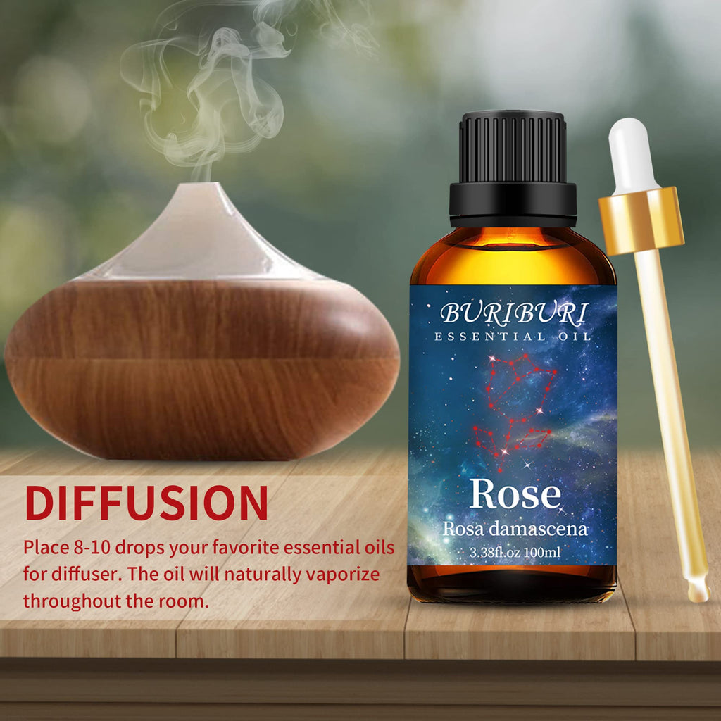 BURIBURI Rose Essential Oil 100ML Gifts Set 100% Pure Natural Undiluted Aromatherapy Rose Oil 3.38fl.oz for Soap, Candle Making, Massage, Diffuser, Humidifier