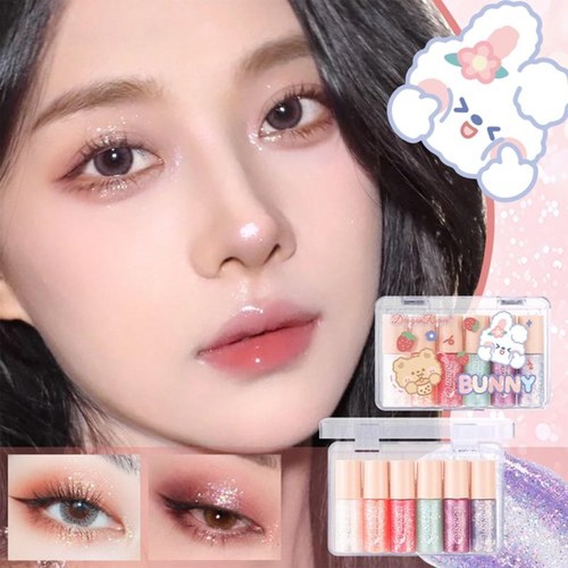 MooGlamor 6 Pcs Liquid Glitter Eyeshadow Set Colorful Eyeliner with Long-Lasting and Waterproof Shinning Eye Shadow Gift for Women Eye Makeup (Transparent Bear)