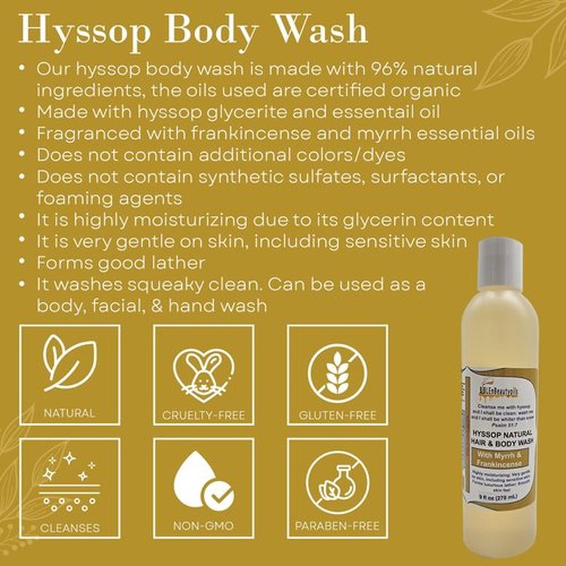 BIBLE N Beautyoils Cleanse Me With Hyssop Natural Hair and Body Wash, Organic Hyssop Infused Shampoo and Body Wash for Nourishing and Refreshing Hair & Body Cleansing (Myrrh and Frankincense)
