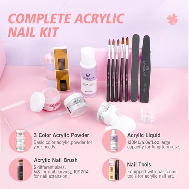 SAVILAND Acrylic Nail Kit: Big Capacity Acrylic Liquid 120ml and 30g Clear Pink White Powder Set with 5 Sizes Brushes for Beginner Nail Kit for Full Professional Nail Art Designs Home DIY Salon Gift