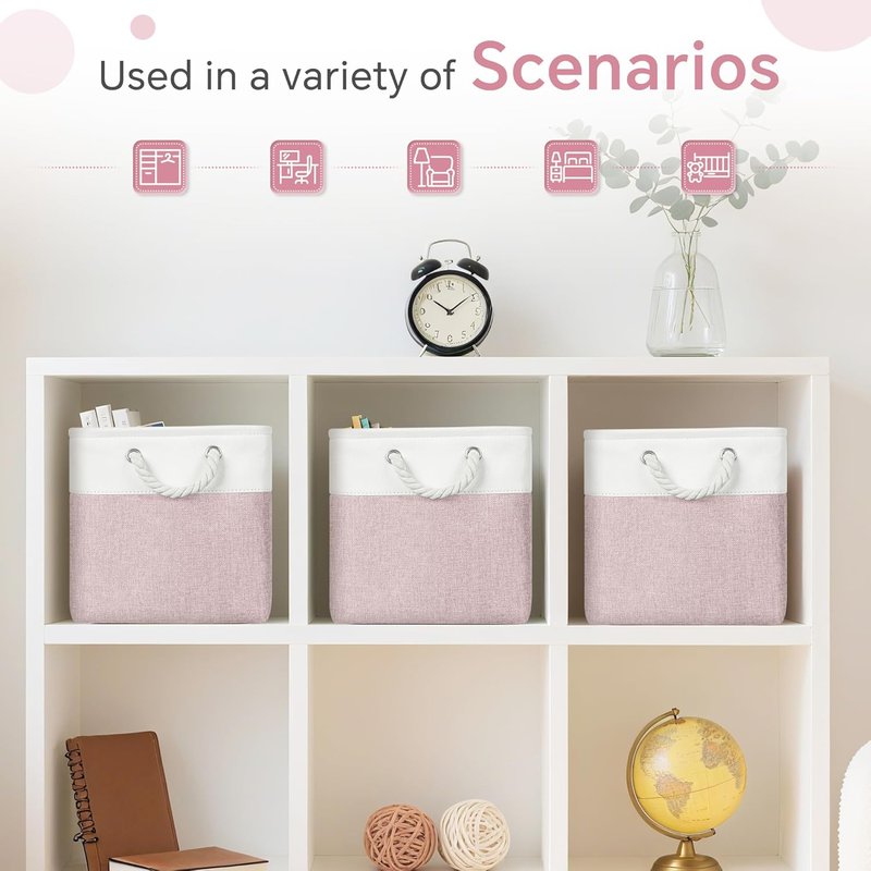 FinishingBo Cube Storage Bins - 6 Pack 11x11 Inch with Cotton Handles for Closet & Shelves | White/Pink