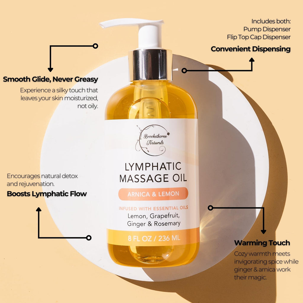 Lymphatic Massage Oil for Massage Therapy | 100% Natural Lymphatic Drainage Oil | Premium Quality with Arnica, Lemon & Ginger | for Post Surgery Recovery & Detox | 8oz by Brookethorne Naturals