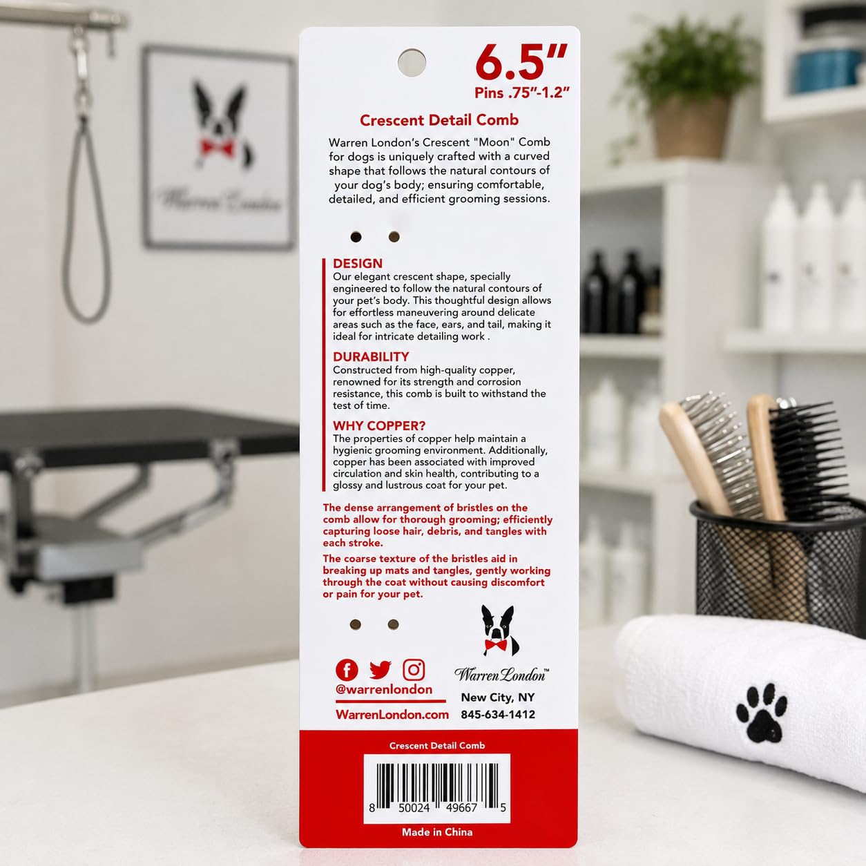 Warren London Copper Crescent Comb 6.5 Inch – Professional Dog Grooming Detail Comb with Curved Teeth – For Face, Legs, Tail, Ears, Paws, Mats, Tangles & Finishing – For Groomers & Pet Owners