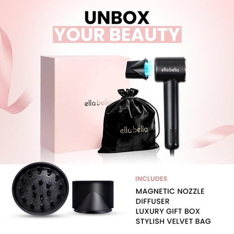 ELLA BELLA® Compact Plasma Hair Dryer, Advanced Plasma Technology Blow Dryer with Digital Display, Rapid Drying, Low Noise, & Luxury Velvet Travel Bag - Includes Diffuser & Nozzle- for All Hair Types
