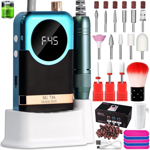 LIMEGIRL Professional Electric Nail Drill Kit 45000RPM Portable Cordless Toenail Cordless Toenail Machine with 14 Drill Bits and Base for Women (Green)
