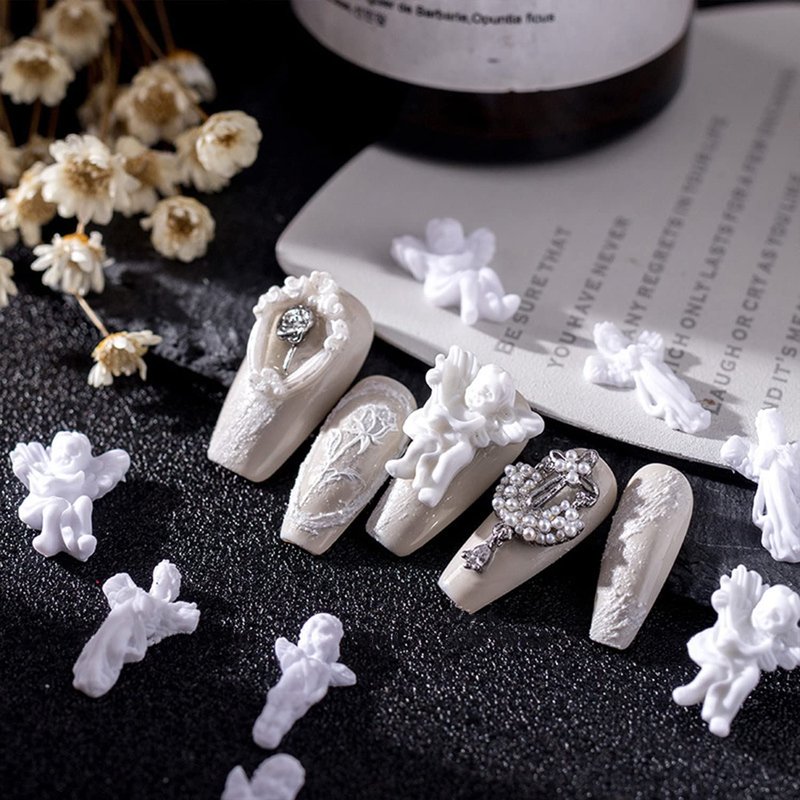 XEAOHESY 90 Pcs Baroque Angel Nail Charms 3D Embossed Angel Baby Nail Art Charms Cute Cupid Nail Accessories Charms for Acrylic Nails Retro Baroque Decor Nail Supplies for Women（White）