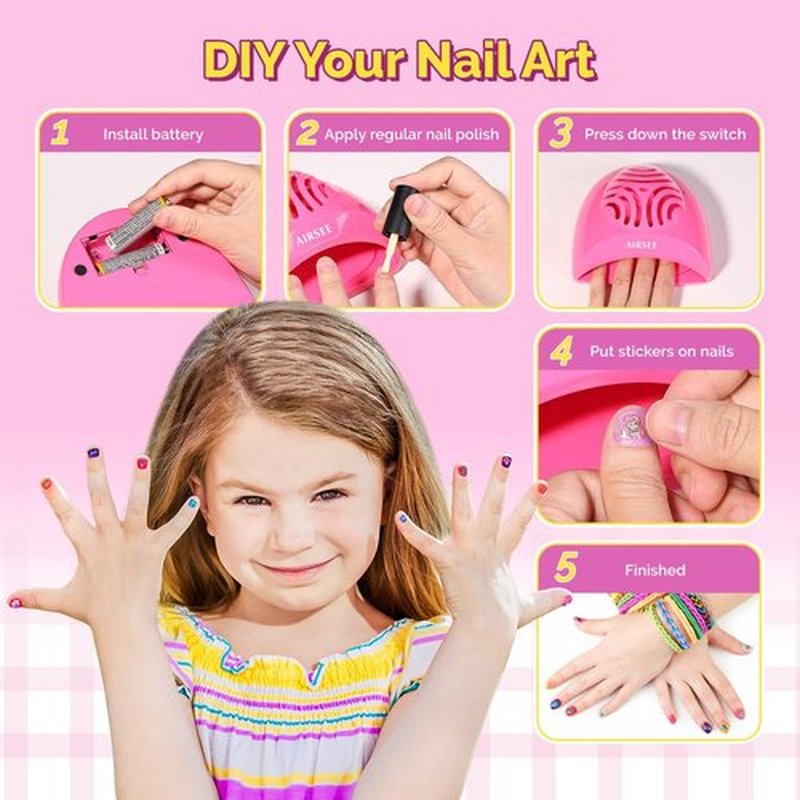 AIRSEE Kids Nail Dryer, Portable Nail Dryer, Mini Nail Fan for Regular Nail Polish - Birthday, Christmas, Party Gift for Grils, Battery Operated, DIY nail art, No Harmful, Two stickers included (Pink)