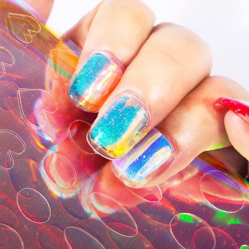 SILPECWEE 11 Sheets Aurora Nail Foil Laser Nail Stickers Glass Paper Nail Art Stickers Iridescent Cellophane Nails Designs Sticker Holographic Film 3D Nails Decoration for Women Kids