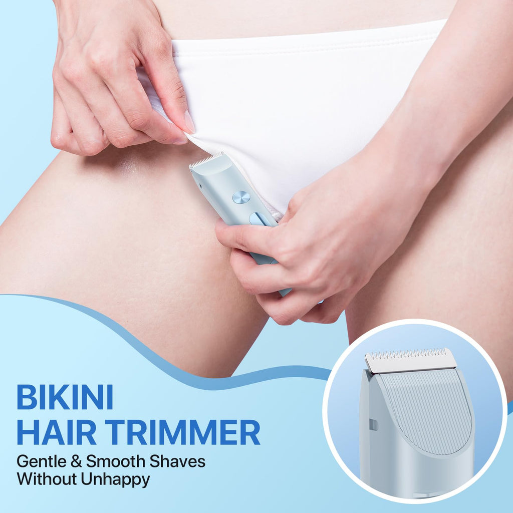 Bikini Trimmer for Women, Rechargeable 2-in-1 Electric Razor for Shower& Travel, IPX7 Waterproof Painless Hair Removal for Bikini Line, Legs, Underarms, Wet & Dry Hypoallergenic Ceramic Blade, Blue