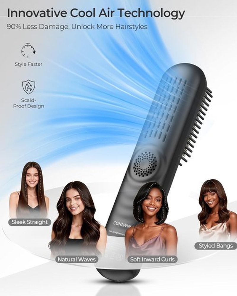 Skiennix Cordless Hair Straightener Brush - Portable Mini Travel Design for Thick Curly Hair | Cool Air & 350M Negative Ions for Frizz-Free Styling