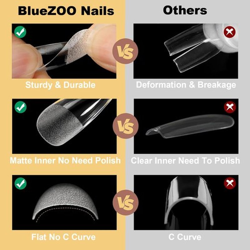 BlueZOO Gel Long Nail Tips Pre-etching Almond Coffin Oval Clear Press On Nails, Salon Quality 3 Styles 360Pcs Half Matte Full Cover Acrylic False Nails Extension DIY Manicure Beginner & Professional