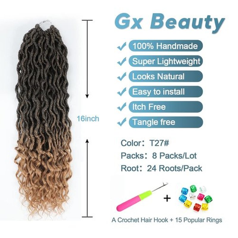 Goddess Locs Crochet Hair - 6 Packs 16 Inch Curly Faux Crochet Hair for Black Women, Crochet Pre-Looped Curly Hair Soft Faux Locs Synthetic Braiding Hair Extensions (16 Inch, 6 Packs, T27#)