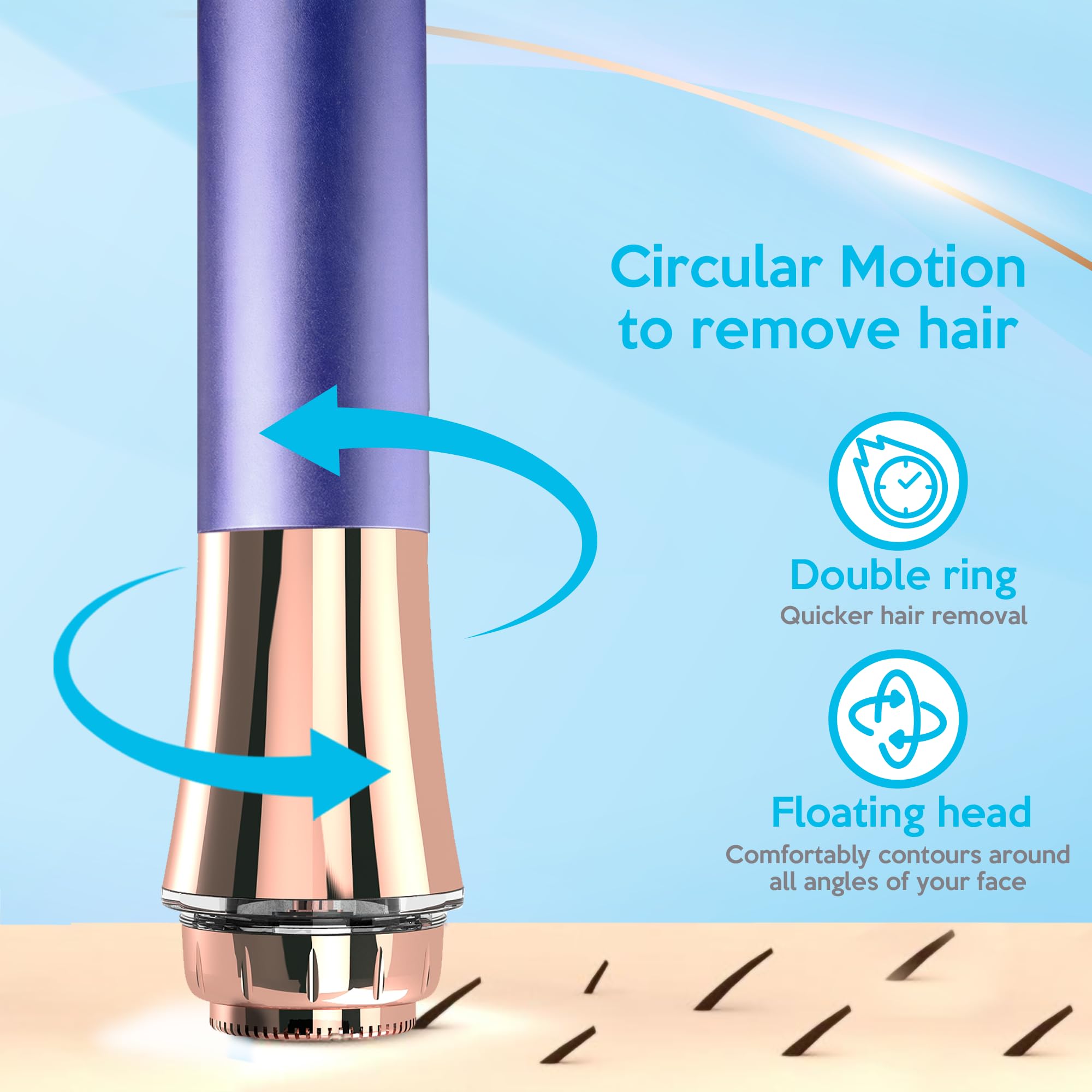 Facial Hair Removal for Women, Rechargeable Painless Electric Face Hair Remover, 20mm Dual Ring Floating Head Blade, Face Shaver Razor & Trimmer for Upper Lip, Chin, 18K Gold-Plated / 360°LED Light