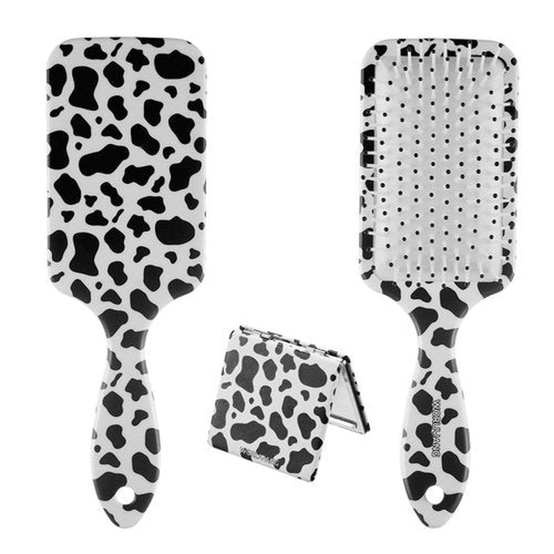 Cow Print Hairbrush & Paired with portable mirror, Hair Detangling Brush Anti Static Massage Comb Hair Brush For All Hair Wet And Dry,8.5 inch