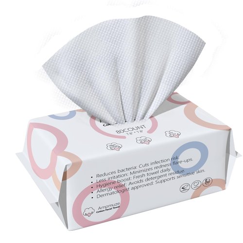 Ampmuze Disposable Face Towels, 80 Count, Biodegradable Dry Wipes for Sensitive Skin, Makeup Removal, Baby Care, Ultra Soft & Thick, 7.8”x7.8”